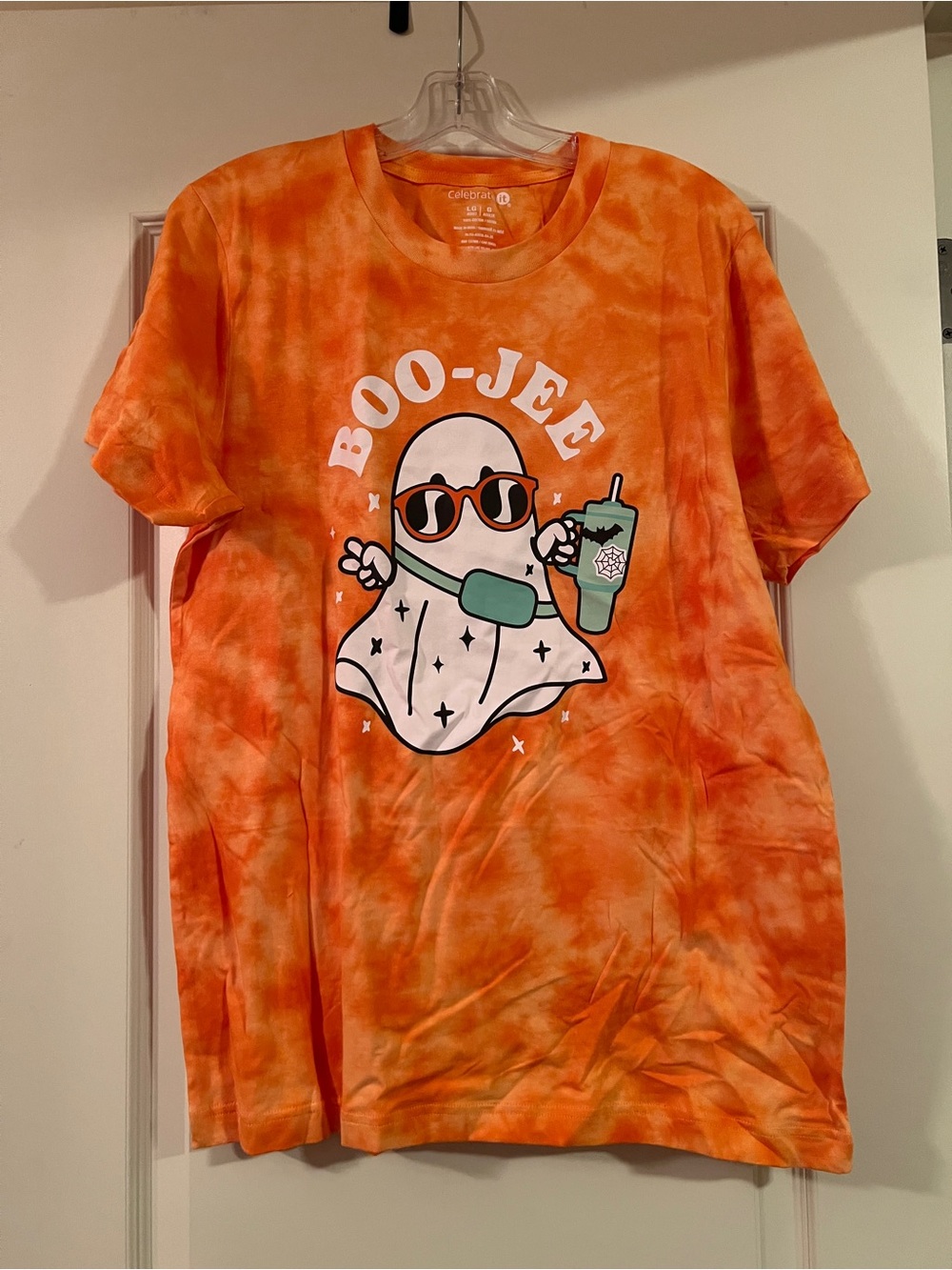 Celebrate it Halloween Ghost Boo-Jee Bag Tumbler T-shirt Orange Tie Dye L NWOT